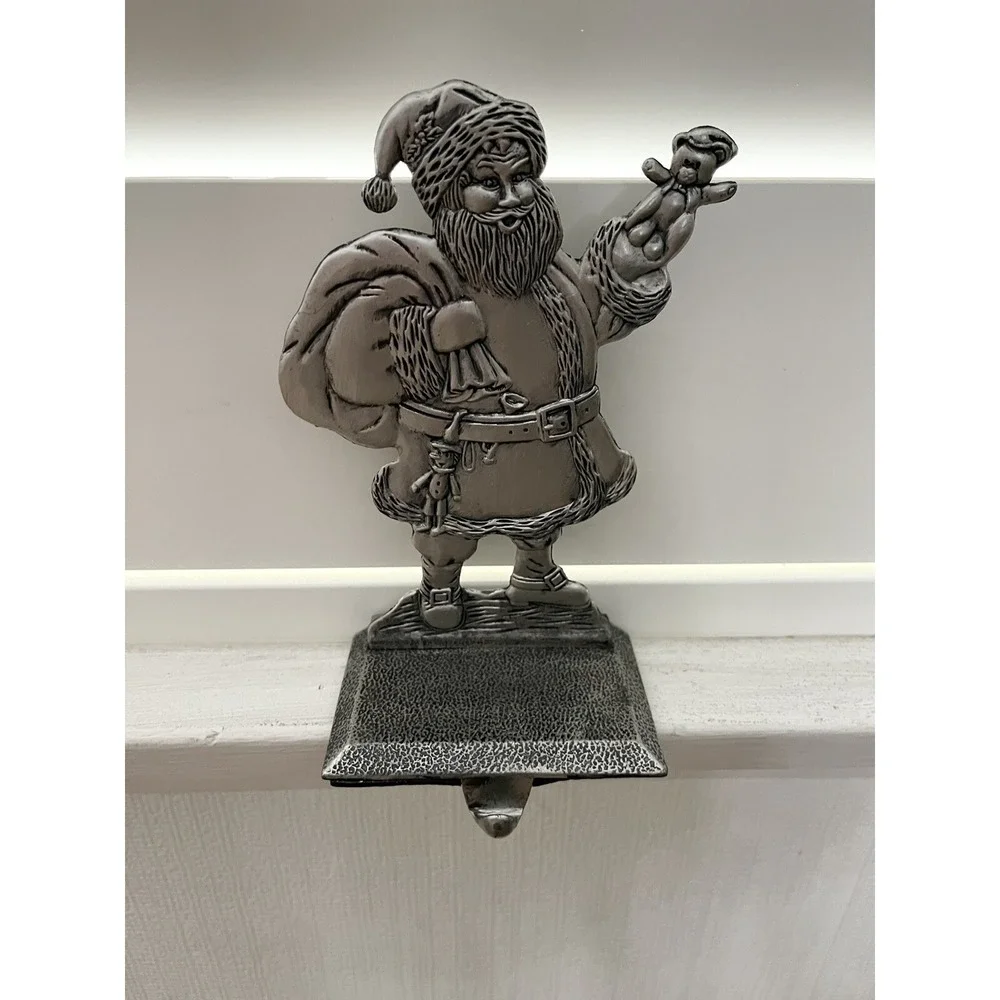 Santa Figurine Pewter Christmas Holiday Stocking Holder(Sits on Mantel) Rare